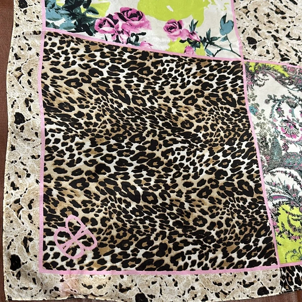 Pure Silk Scarf by Bassler leopard floral black cream pink teal 27x27